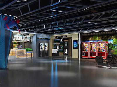 Modern Cinema Interior Design With Spider Man Decoration Movie Posters And Vending Machines 3d model