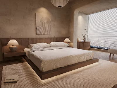 Modern Bedroom Interior With Wooden Headboard White Bedding Nightstand Lamps Area Rug And Wall Artwork 3d model