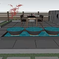 Modern Garden Landscape with Outdoor Terrace Table Chairs Black Fire Pit Steps and Green Hills