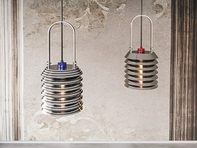 Modern Spiral Pendant Lights With Metal Structure Blue Red Tops On Textured Wall 3d model