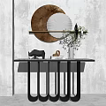 Modern Console Table Interior With Marble Top Black Metal Legs And Circular Wall Decor 3d model