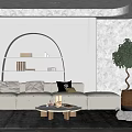 Modern Living Room Interior With L-shaped Sofa Arched Bookshelf Green Plant And Gray Rug