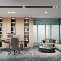 Modern Office Interior Design With Wooden Bookshelves Glass Partitions Sofa And Office Chairs