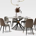 Modern Round Dining Table Set With Gray Upholstered Chairs And Dried Flower Decor 3d model