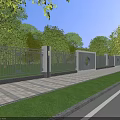 Modern Metal Fence Exterior With Intricate Design Pillars Circular Motifs Green Lawn And Trees