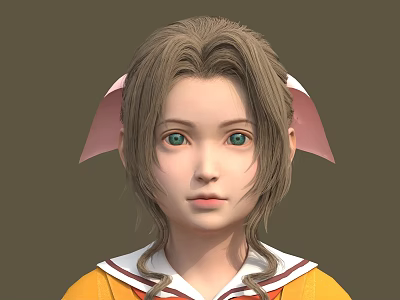 Woman With Brown Hair And Pink Bows In Yellow Outfit White Red Collar 3d model