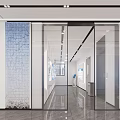 Modern Office Elevator Hallway With Glass Walls Blue Panels Ceiling Light Strips And Marble Flooring