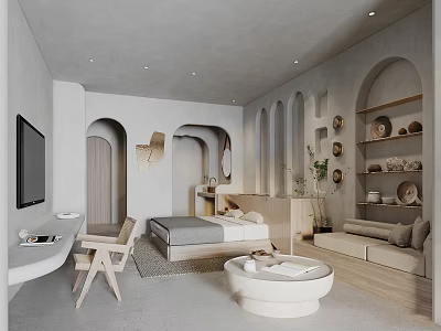 Minimalist Hotel Room Interior With Arches Bed Sofa And Green Plants 3d model