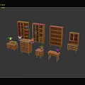 Wooden Furniture Collection Including Glass Door Cabinets Bookshelves And Side Tables With Potted Plants