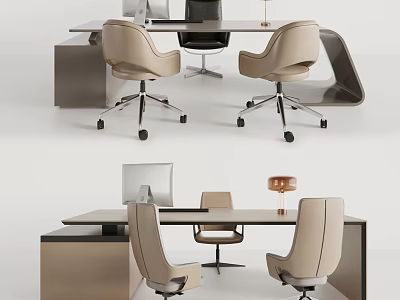 Modern Office Desk Setup With Ergonomic Chairs Computer Monitor And Table Lamp 3d model