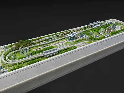 Aerial Planning of Urban Transport Hub With Curved Rail Tracks Green Lawns and Buildings 3d model