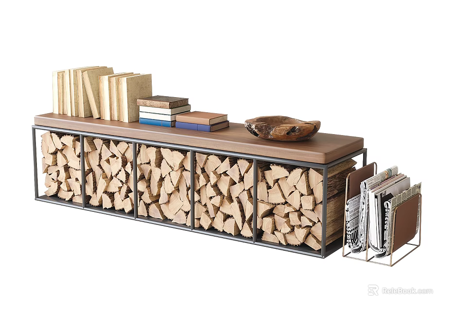 Entryway Cabinet Sideboard With Metal Frame Wood Log Storage And Top Shelf For Books Bowl 3d model 
