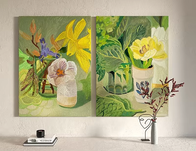 Two Decorative Paintings with Vases and Colorful Flowers for Interior Wall Art 3d model