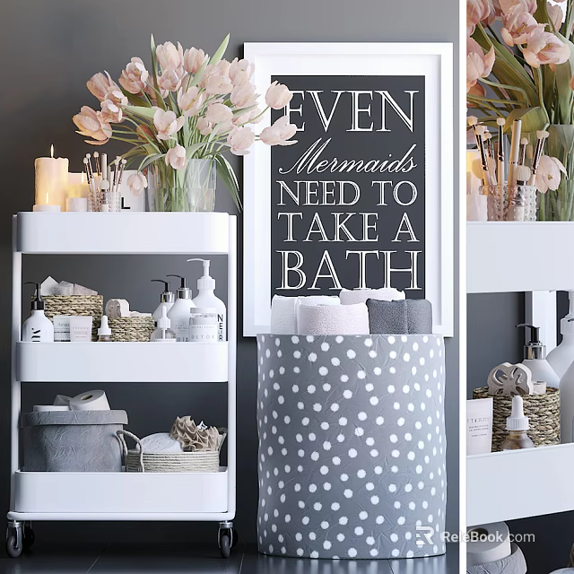 Stylish Bathroom Accessories Display On White Shelves With Baskets Bottles Towels And Decorative Elements 3d model 