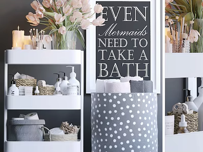 Stylish Bathroom Accessories Display On White Shelves With Baskets Bottles Towels And Decorative Elements 3d model