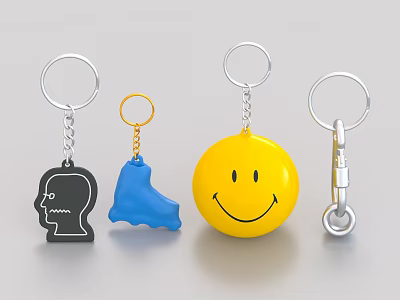 Assorted Keychains Black Head Outline Blue Shoe Yellow Smiley Face Silver Hook Shapes Daily Use 3d model