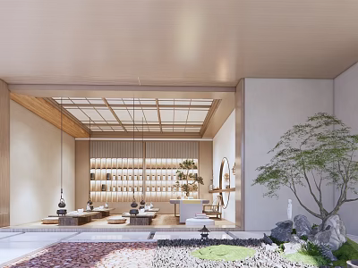 Traditional Chinese Teahouse Interior With Wooden Roof Tatami Seats Tea Sets Display And Potted Pine 3d model
