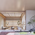 Traditional Chinese Teahouse Interior With Wooden Roof Tatami Seats Tea Sets Display And Potted Pine
