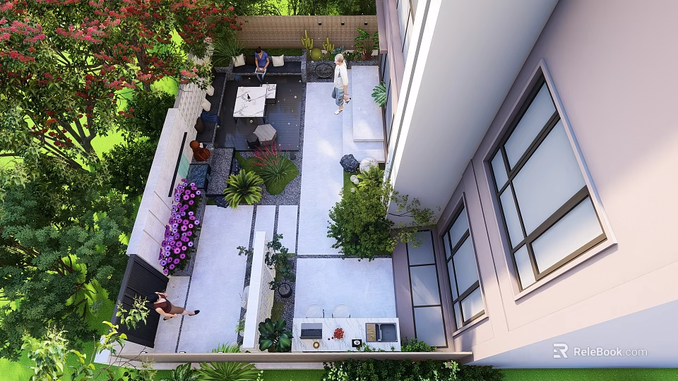 Lush Modern Courtyard Garden With Outdoor Seating Green Plants And Stone Path 3d model 