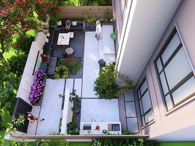 Lush Modern Courtyard Garden With Outdoor Seating Green Plants And Stone Path 3d model