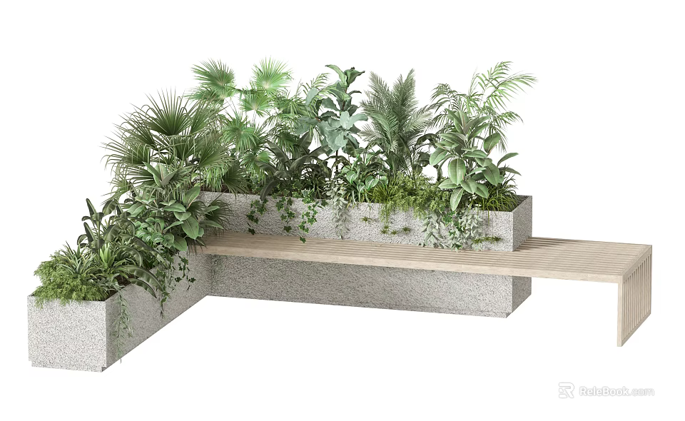 Outdoor Bench In Natural Modern Style With Concrete Wooden Frame And Green Plants Palm Ferns 3d model 