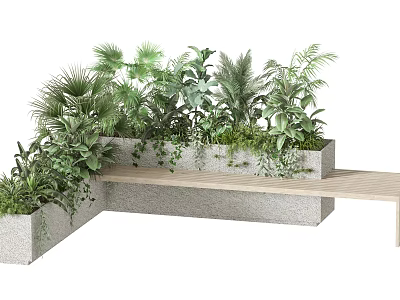 Outdoor Bench In Natural Modern Style With Concrete Wooden Frame And Green Plants Palm Ferns 3d model