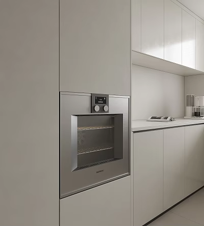 Modern Kitchen With Built in Stainless Steel Oven And White Cabinets 3d model