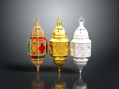 Traditional Decorative Lanterns With Colorful Gold White Ornate Intricate Patterns 3d model