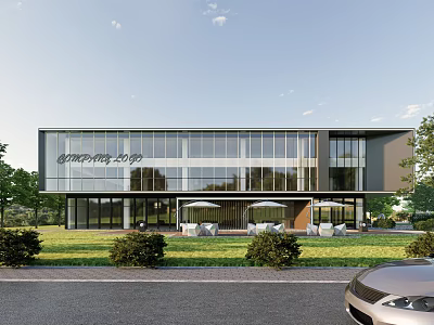 Modern Office Building With Large Glass Curtain Walls Landscaped Lawn And Outdoor Seating Area 3d model