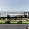 Modern Office Building With Large Glass Curtain Walls Landscaped Lawn And Outdoor Seating Area 3d model