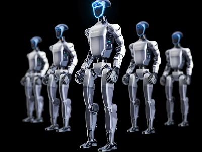 Intelligent Humanoid Robots With Silver Bodies Blue Glowing Heads Standing In Black Background 3d model