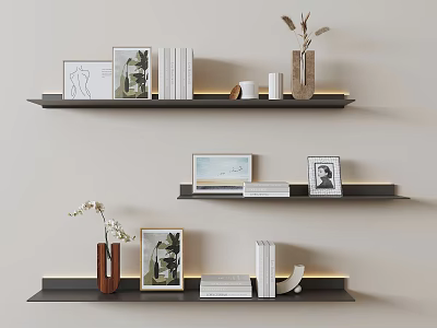 Modern Wall Display Shelves With Framed Artworks Books Decorative Vases And Ornaments 3d model