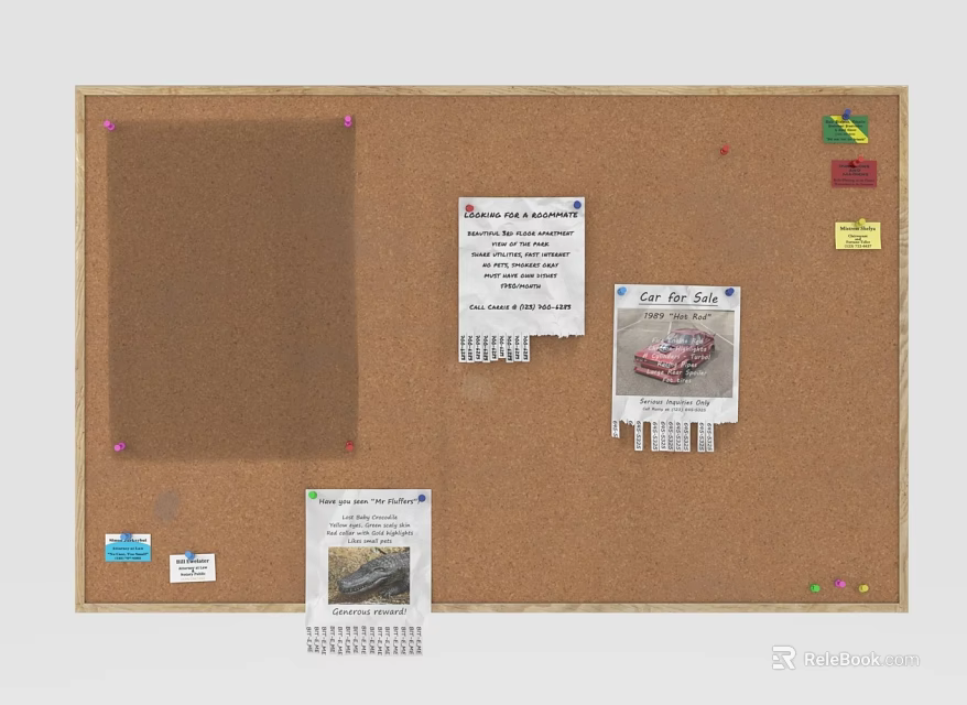 Wooden Corkboard With Notes Photos And Colorful Push Pins For Home Office Use 3d model 
