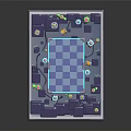 Cartoon 3D Scene With Checkerboard Layout Purple Blocks Green Cacti And Colorful Towers
