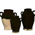 Various Sizes Two Handled Vintage Ceramic Jars With Dark Brown And Cream Textured Surfaces
