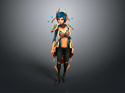 3D Fantasy Female Character With Antler Headdress Blue Feather Decorations And Green Biological Outfit Design 3d model