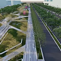 Urban Park Landscape With Tree Lined Walkways And Curved Green Spaces In City Setting