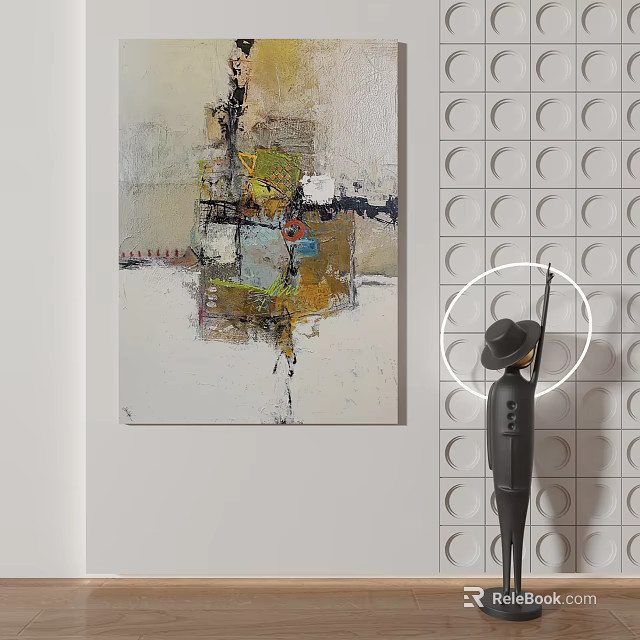 Abstract Painting And Hat Sculpture On Circular Hole Patterned Wall 3d model
