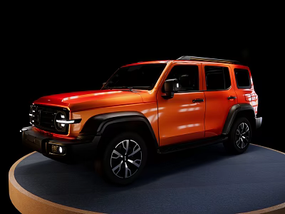 Orange SUV with Black Rims and Roof Rack on Display Stand Against Black Background 3d model