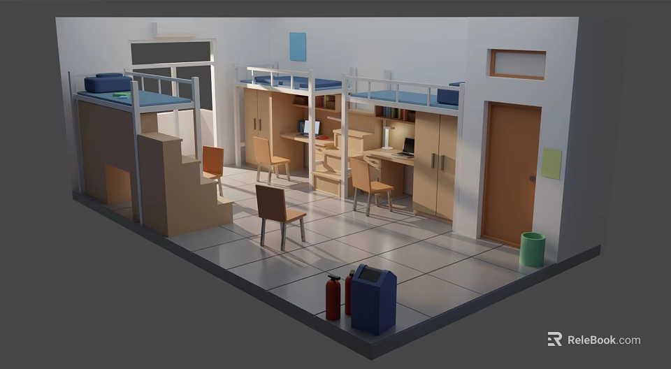 Cartoon Dormitory Scene With Bunk Beds Desks Chairs Lockers And Trash Bins 3d model 