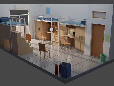 Cartoon Dormitory Scene With Bunk Beds Desks Chairs Lockers And Trash Bins 3d model