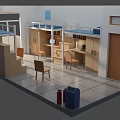 Cartoon Dormitory Scene With Bunk Beds Desks Chairs Lockers And Trash Bins