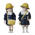 Two Children Figurines Wearing Yellow Fire Helmets And Dark Blue Coats With White Collars