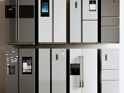 Modern Refrigerators And Freezers Featuring Multiple Designs Display Screens And Color Options 3d model