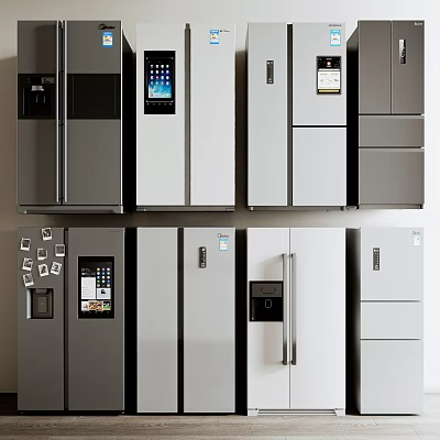 Modern Refrigerators And Freezers Featuring Multiple Designs Display Screens And Color Options 3d model