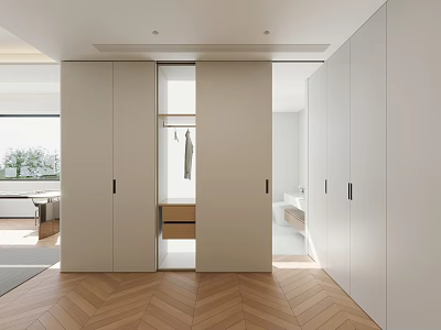 Modern Walk in Closet Interior With White Cabinets Open Hanging Area And Herringbone Wood Floor 3d model