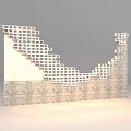 Modern Building Exterior Wall With Geometric Cube Lattice And Textured Stone Base