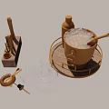 Liquor Bottle and Cocktail Glasses with Gold Ice Bucket Bar Tools on Wooden Tray