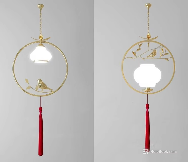 Chinese Style Gold Circular Pendant Light With Bird Leaf Decoration White Lampshade And Red Tassel 3d model 