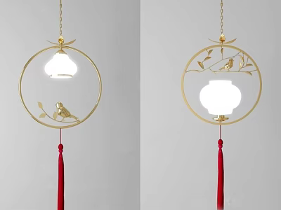 Chinese Style Gold Circular Pendant Light With Bird Leaf Decoration White Lampshade And Red Tassel 3d model